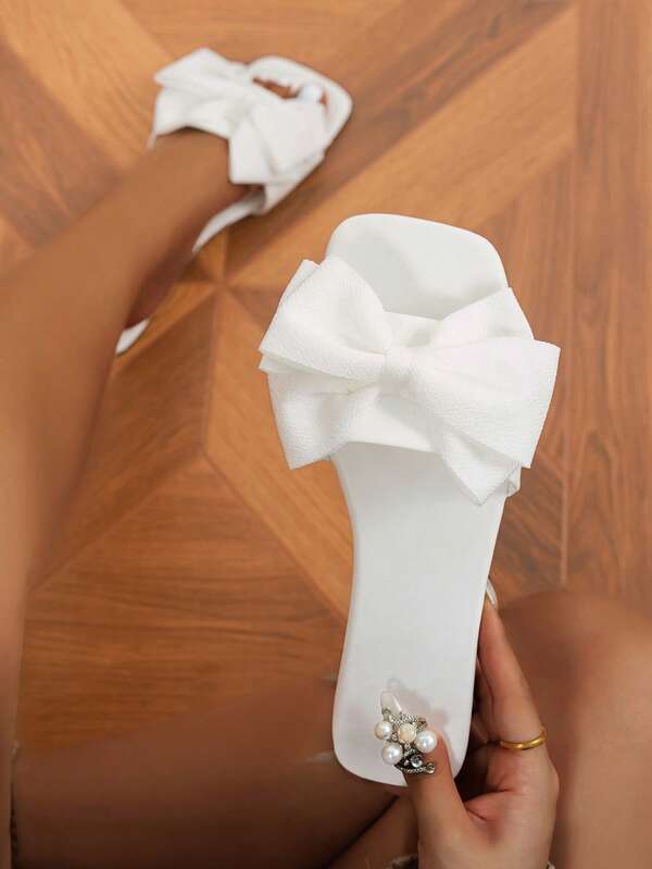MICCOM Women's Summer 2024 Square Toe Flat Plus Size Sexy One-Strap Fashionable Bow White Sandals To Match Skirts