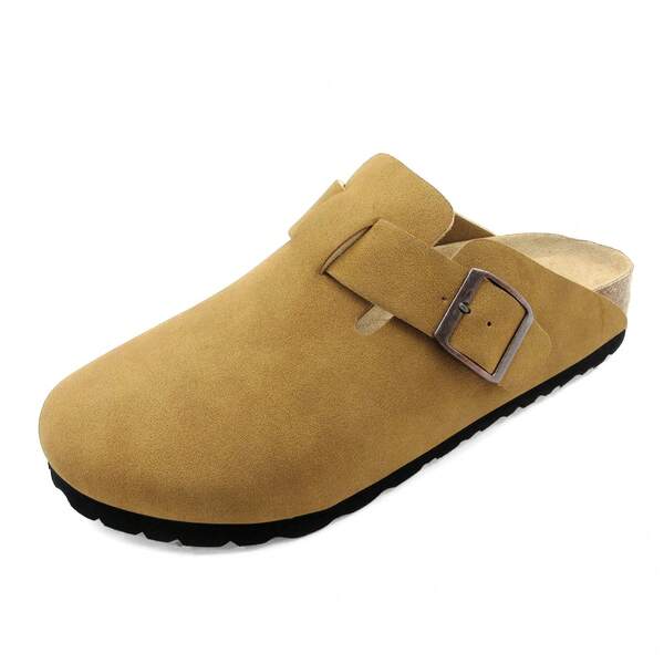 Women's Suede Clogs With Buckle Closure And Rubber Sole