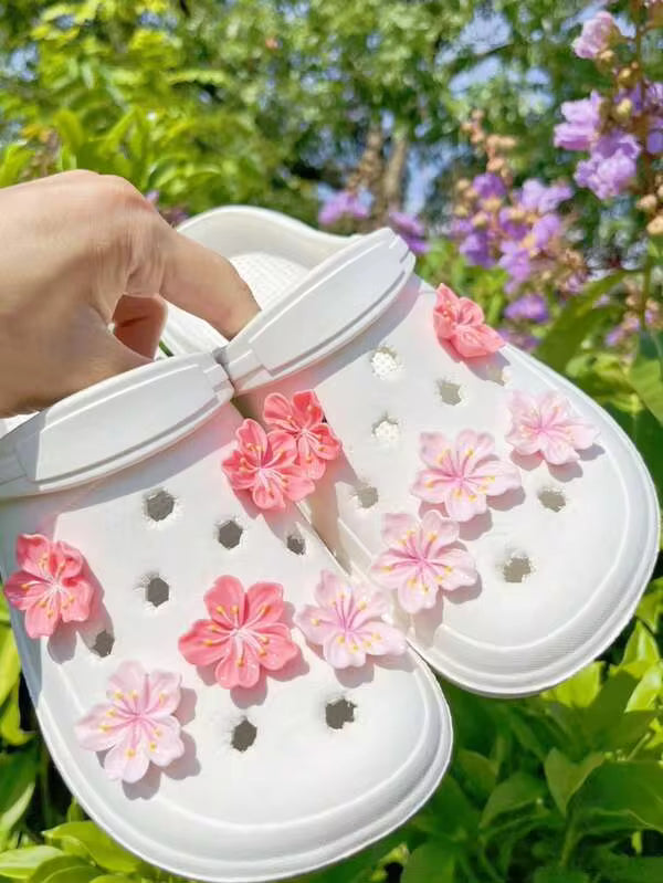 10pcs DIY Shoe Accessories, Pink And Magenta Peach Blossom Floral Decorations, Suitable For Beach Shoes, Sandals, Hollow Wooden Clogs, Detachable Shoe Buckles, Holiday Gifts