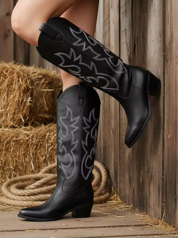 Vintage Womens Knee High Cowboy Boots Pointed Toe Chunky Heel Embroidered Western Cowgirl Boots For Women Party Dressy Riding Casual Summer Boots