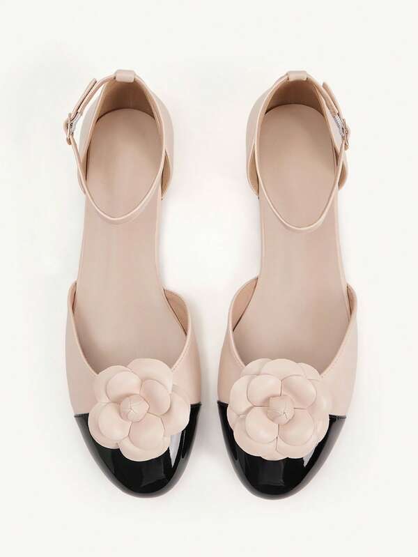 CUCCOO CHICEST Women Shoes Small Round Toe Flat Bottom Apricot Three-Dimensional Flower Building Color Splicing Ankle Strap Hollow Women's Low Vamp Flat Sole Shoes Light, Comfortable, Stylish And Elegant Daily Commuting Women's Flat Sole Shoes