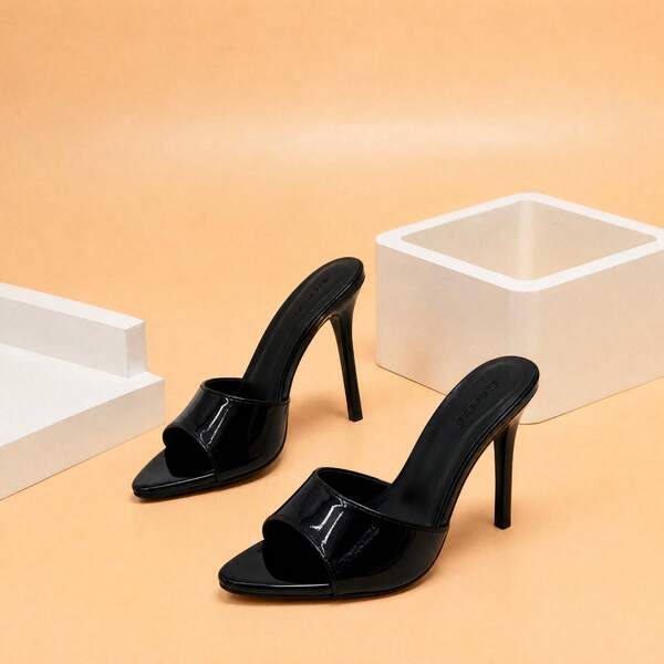 Geeyea Elegant Women's Sandals, Black Sandals, Patent Leather Pointed-Toe Stiletto Mules, Open-Toe Design, A Summer Essential For Commuting And Dates.
